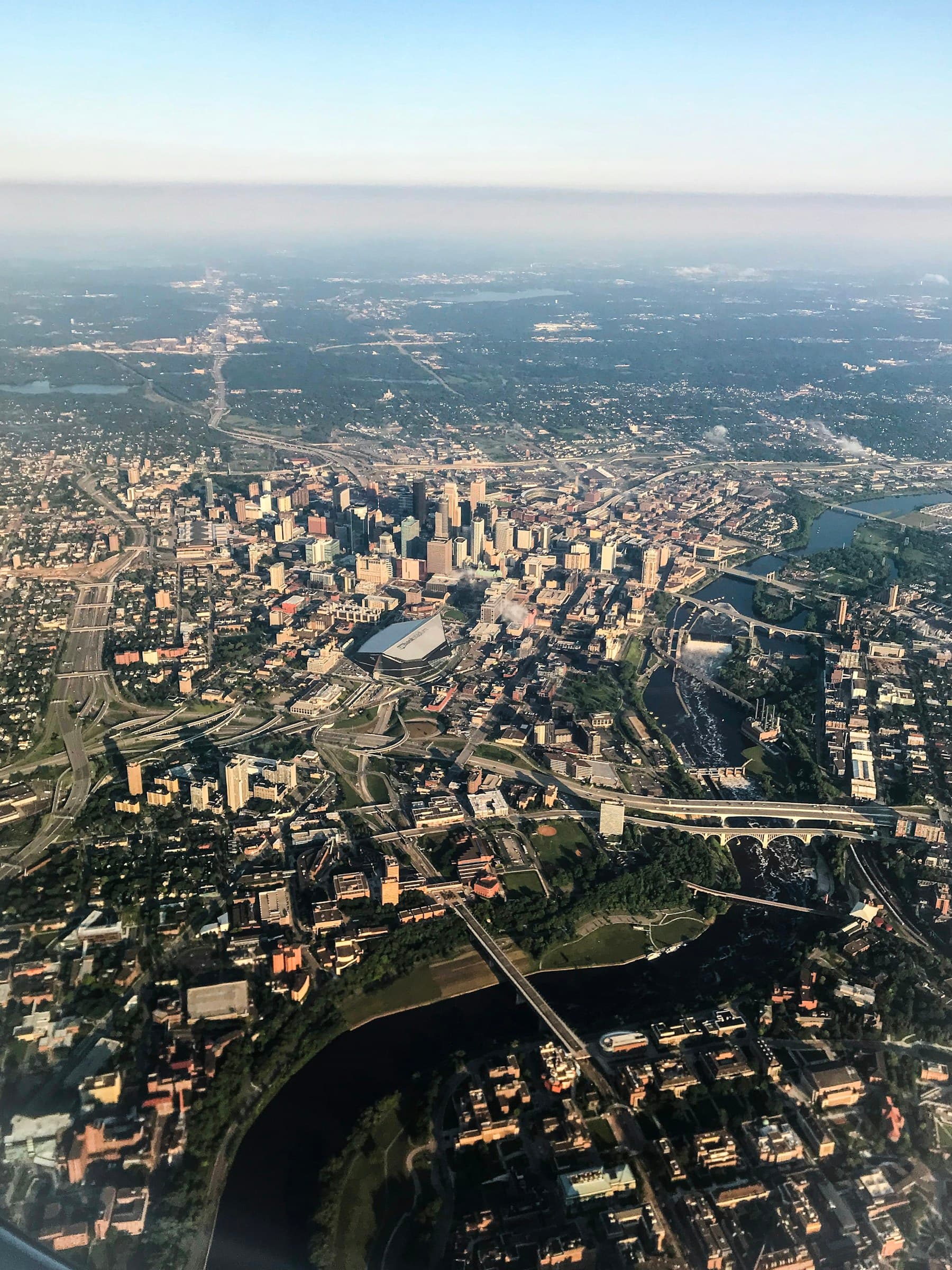Aerial view of downtown Minneapolis and the Mississippi River